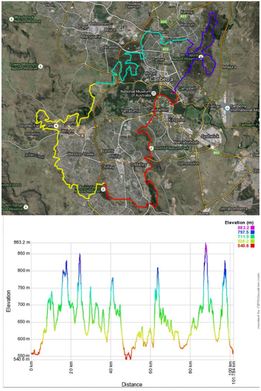 Race map with individual legs for the relay (1st - red, 2nd yellow, 3rd cyan, 4th- purple). Below the elevation profile.